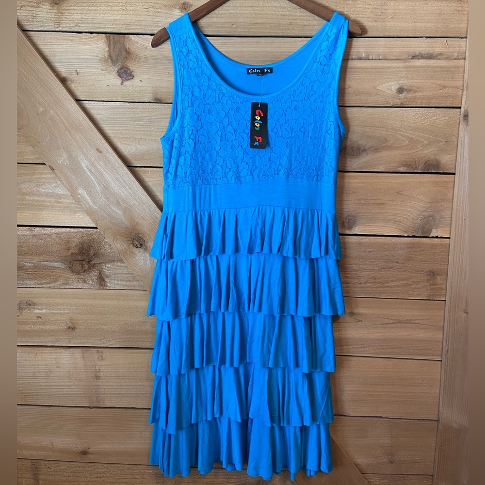 Color Fx Turquoise Ruffle Tier and Lace Sleeveless Dress
